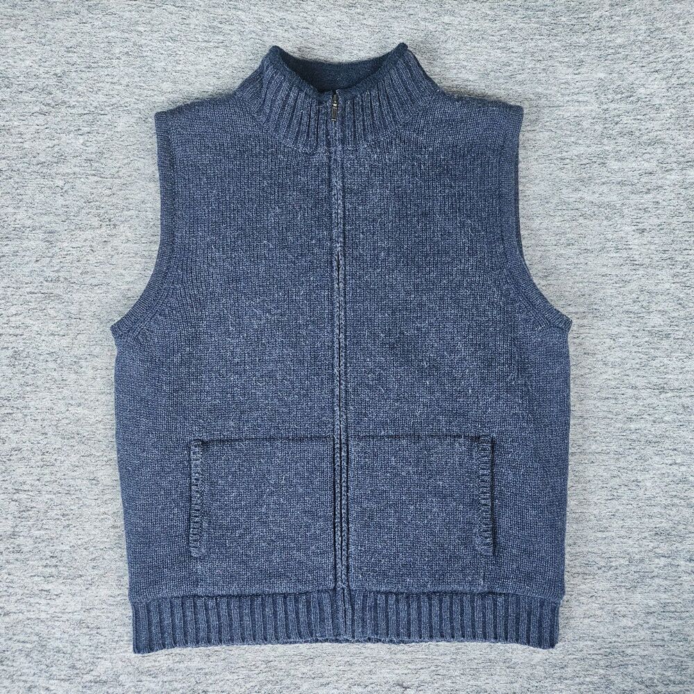 L.L. Bean Lambswool Sweater Vest Mens Large Navy Blue Sherpa Lined Chunky Zip-Up